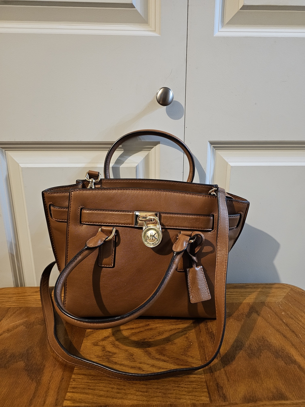 Michael Kors Cognac Leather Satchel with Gold-Tone Lock